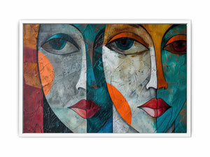 Modern cubist face portrait canvas art for bold contemporary living room decor.