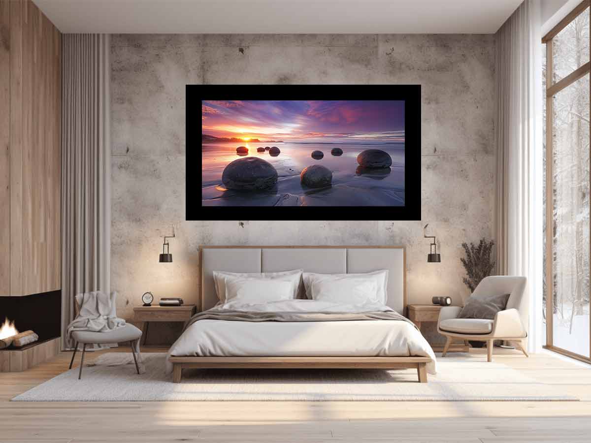 Coastal sunset boulder canvas print for serene beach house or living room decor.