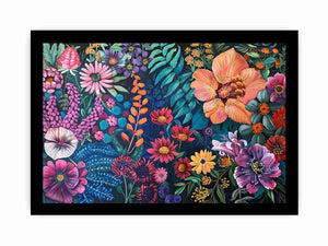 Bold floral garden canvas art on dark background for colorful living room decor.