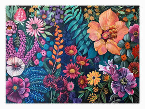 Bold floral garden canvas art on dark background for colorful living room decor.