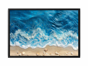 Ocean Foam Shoreline canvas art featuring ocean foam, sandy shore, seashells for modern living room decor.