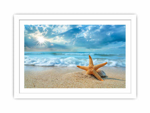 Sunlit Starfish Shore canvas art featuring starfish, shell, beach waves and sunlit sky for modern living room decor.