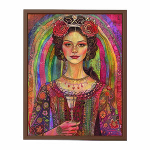 Rainbow Rose Queen canvas art featuring regal woman portrait with roses, crown and rainbow for modern living room decor.