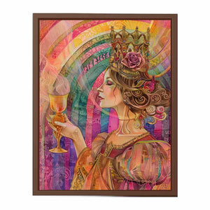 Crowned Chalice Muse canvas art featuring profile queen portrait with chalice, crown and rose for modern living room decor.
