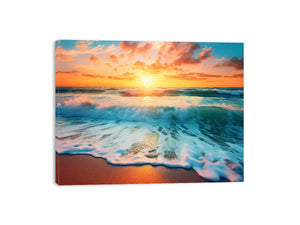 Sunset ocean wave canvas print for coastal living room decor.