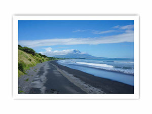 Black Sand Horizon canvas art featuring black sand beach, ocean and distant mountain for modern living room decor.