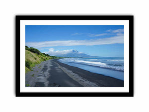 Black Sand Horizon canvas art featuring black sand beach, ocean and distant mountain for modern living room decor.