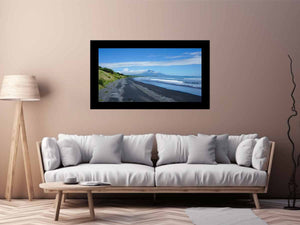 Black Sand Horizon canvas art featuring black sand beach, ocean and distant mountain for modern living room decor.