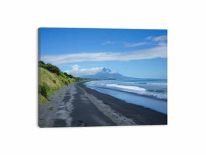 Black Sand Horizon canvas art featuring black sand beach, ocean and distant mountain for modern living room decor.