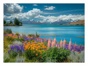 Lupine Lake Garden canvas art featuring wildflower lake garden with alpine mountains for modern living room decor.