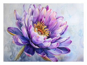 Purple water lily watercolor canvas art for elegant bedroom or living room decor.