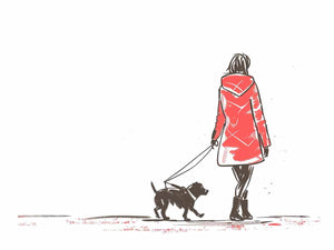 Red coat woman walking dog illustration canvas print for modern entryway decor.