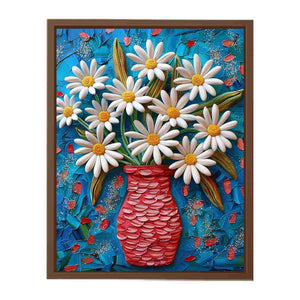 Colorful white daisy and red vase canvas print for bright kitchen decor.
