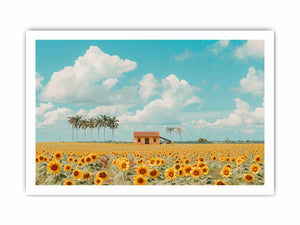 Golden sunflower field canvas print with blue sky for farmhouse living room decor.