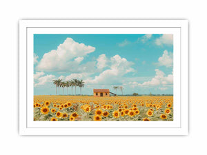 Golden sunflower field canvas print with blue sky for farmhouse living room decor.