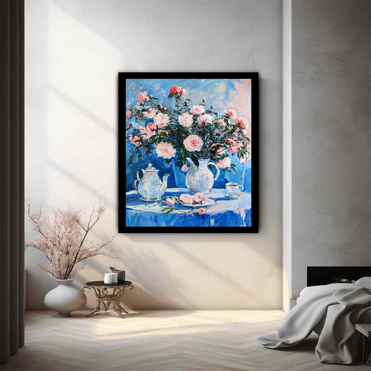 Pink rose still life canvas print with teapot for elegant dining room decor.