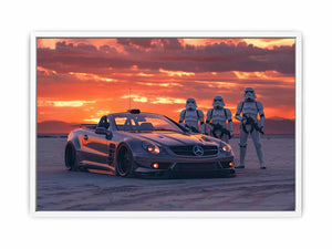 Cinematic sports car desert sunset canvas print for mancave and gaming room decor.