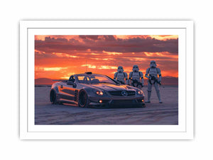 Cinematic sports car desert sunset canvas print for mancave and gaming room decor.