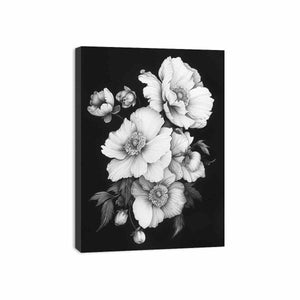 Midnight Floral Study black and white botanical drawing for bedroom decor.