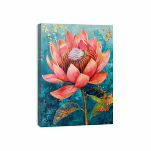 Teal Waratah Bloom modern Australian floral canvas art for living room decor.
