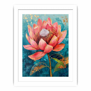 Teal Waratah Bloom modern Australian floral canvas art for living room decor.