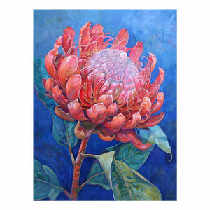 Coral Waratah Blue contemporary floral painting for living room decor.