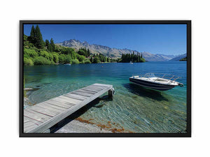 Mountain lake canvas art with dock, boat and clear blue water for modern interiors.