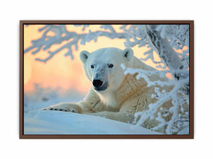 Polar bear resting in snowy Arctic scene for serene wildlife canvas wall art.