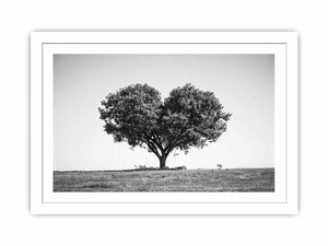 Black and white lone heart-shaped tree canvas art for minimalist room decor.