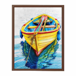 Yellow rowboat with oars and water reflection for colorful coastal canvas art.
