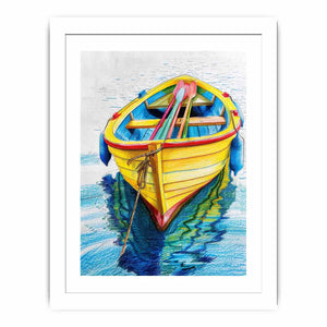 Yellow rowboat with oars and water reflection for colorful coastal canvas art.