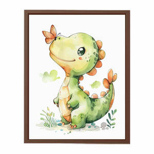 Cute green dinosaur with orange butterfly watercolor art for nursery wall decor.