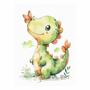 Cute green dinosaur with orange butterfly watercolor art for nursery wall decor.