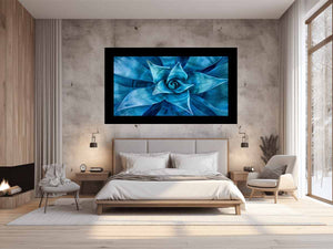 Blue agave succulent wall art for serene modern living room decor.