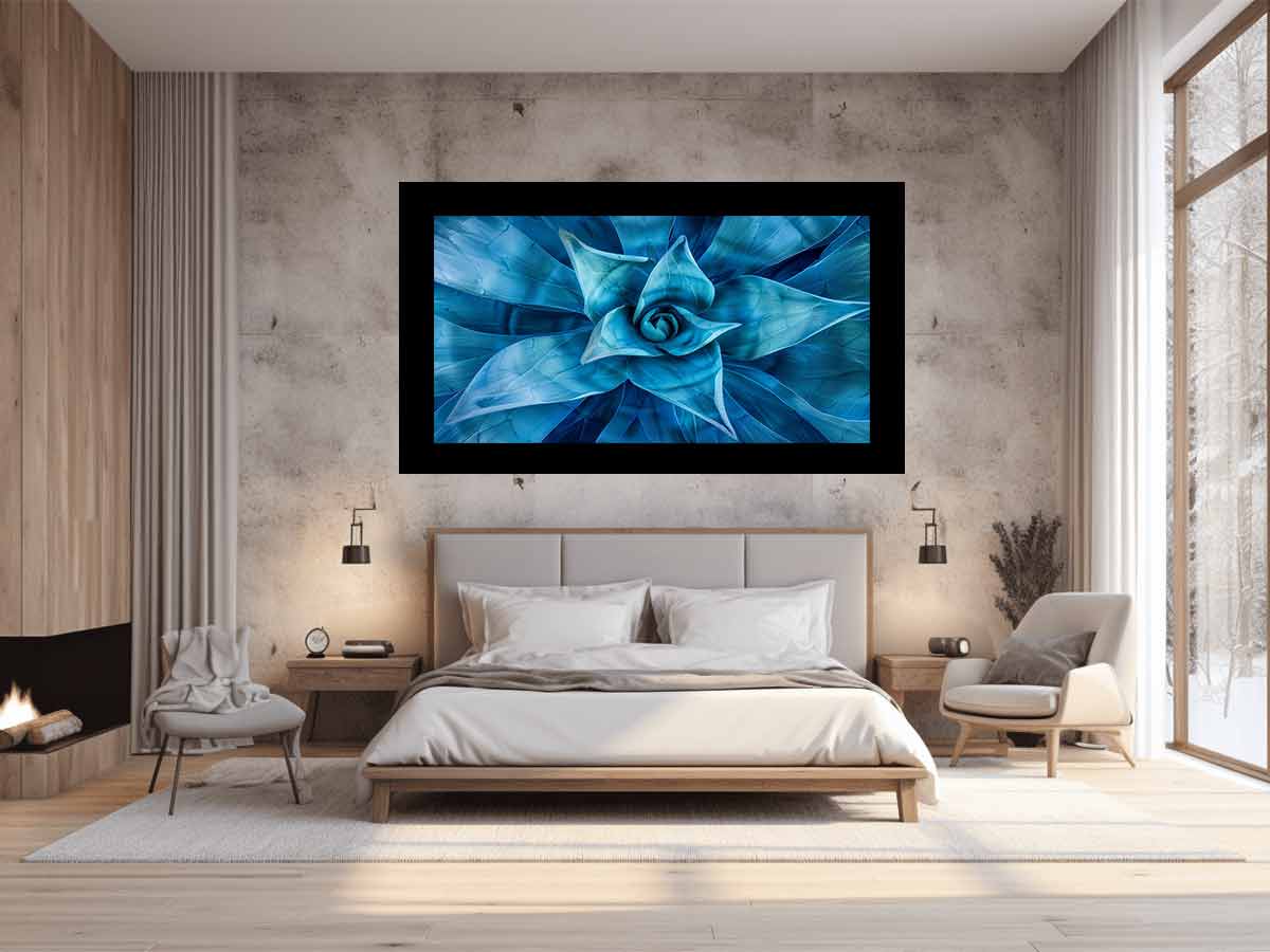 Blue agave succulent wall art for serene modern living room decor.