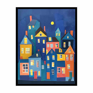 Colorful village house illustration canvas for playful nursery or hallway decor.