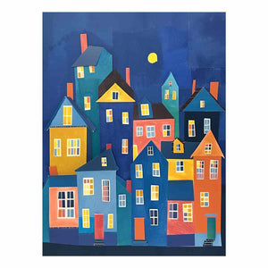 Colorful village house illustration canvas for playful nursery or hallway decor.