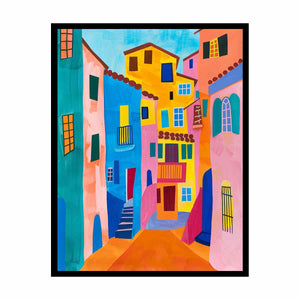 Bright Mediterranean street canvas art for colorful modern living room decor.