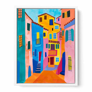 Bright Mediterranean street canvas art for colorful modern living room decor.