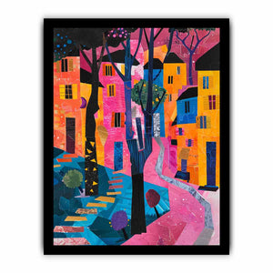 Bold abstract cityscape wall art with pink path and colorful houses for modern decor.