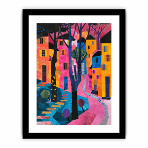 Bold abstract cityscape wall art with pink path and colorful houses for modern decor.