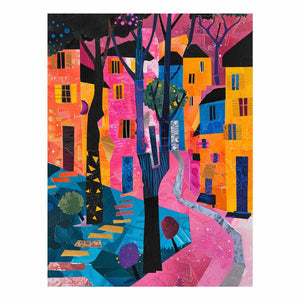 Bold abstract cityscape wall art with pink path and colorful houses for modern decor.