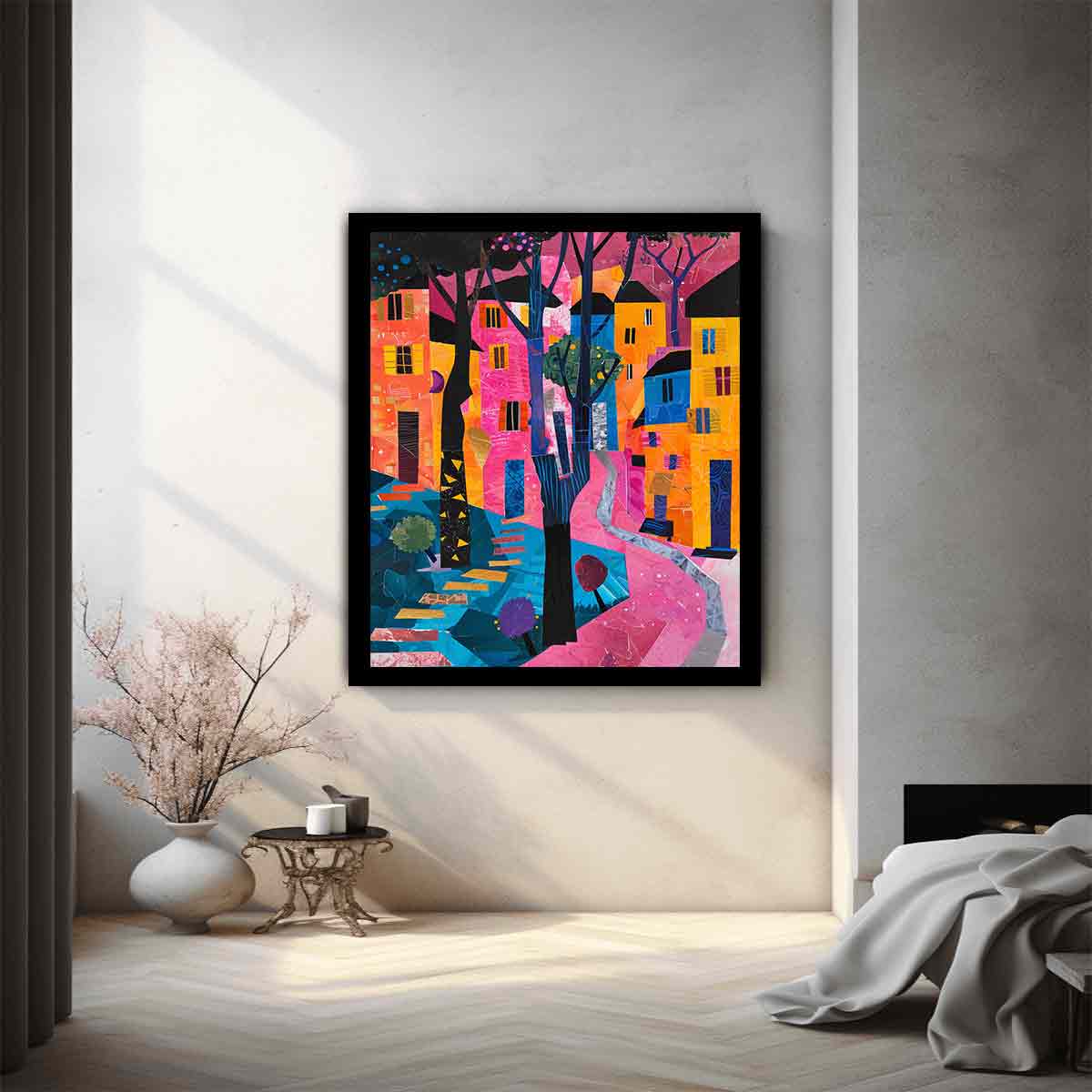 Bold abstract cityscape wall art with pink path and colorful houses for modern decor.