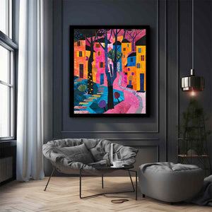 Bold abstract cityscape wall art with pink path and colorful houses for modern decor.