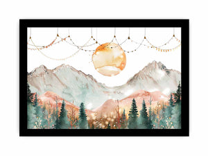 Dreamy watercolor mountain canvas art with moon and forest for peaceful bedroom decor.