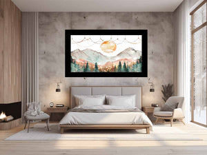 Dreamy watercolor mountain canvas art with moon and forest for peaceful bedroom decor.