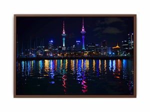 Neon city skyline canvas art with waterfront reflections for modern office decor.