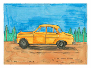 Orange car sketch canvas art for kids room and playful nursery decor.