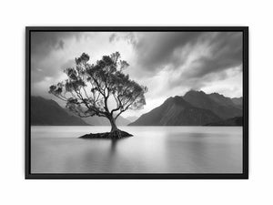 Black and white lake tree canvas art for calm modern living room decor.