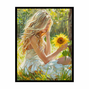 Dreamy sunflower girl canvas art for soft feminine bedroom decor.